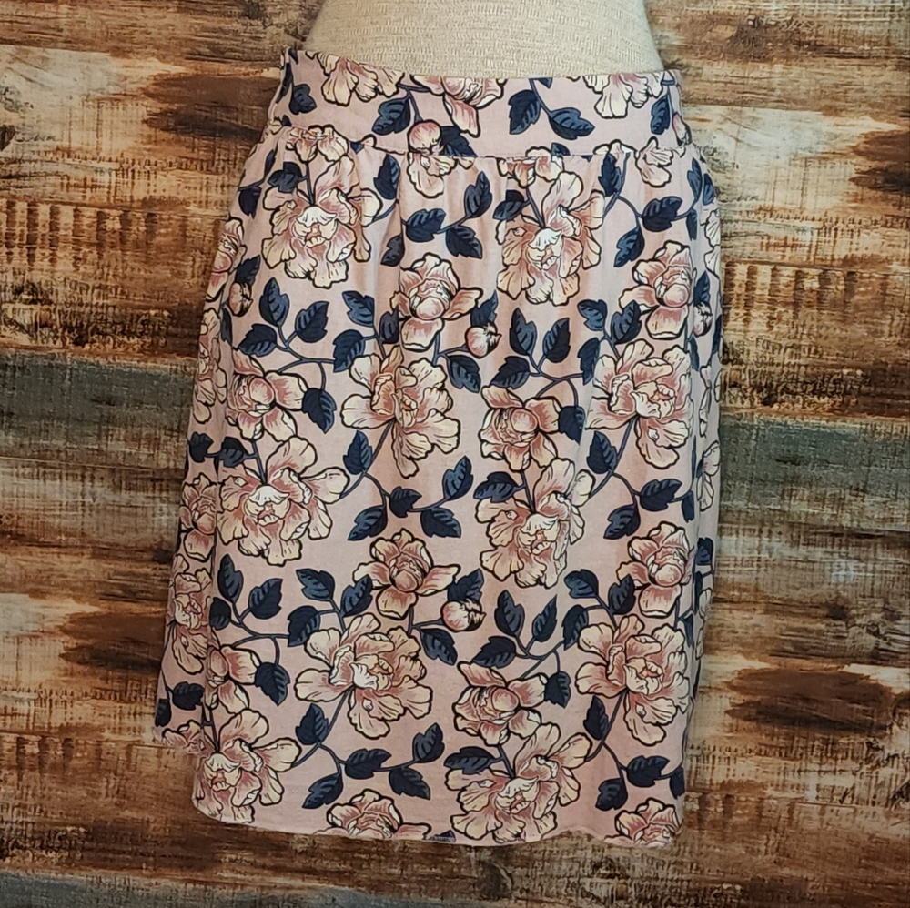 LOFT Pink Navy Floral Print A Line Skirt Plus 1X 2X